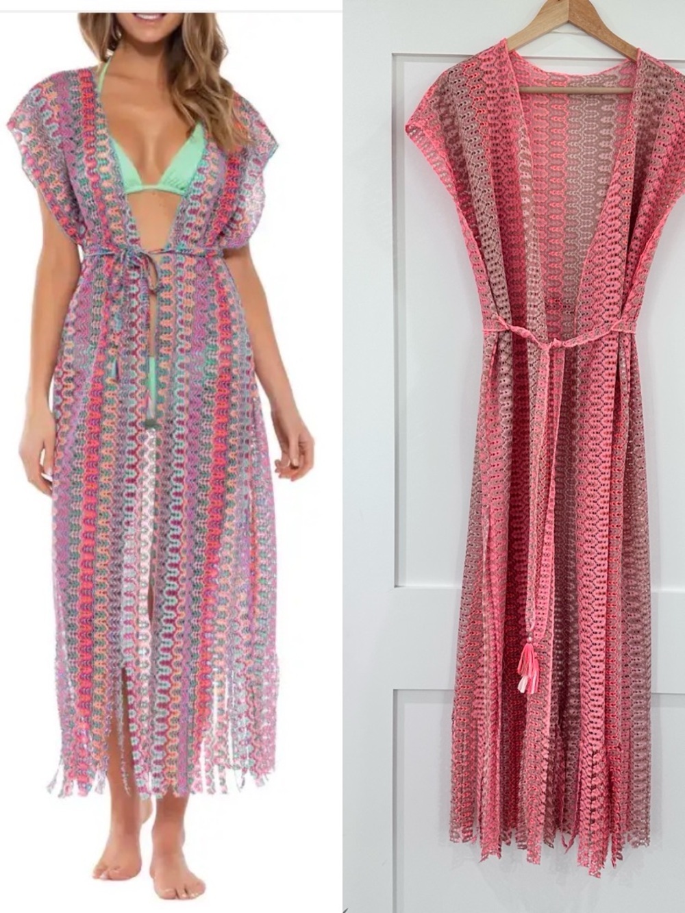 BECCA by Rebecca Virtue crochet fringe open coverup pink orange M/L
